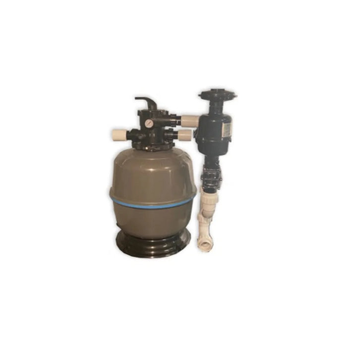 Tan and grey GCTek PondKeeper Pond Filter 2.5 on black base with top multiport valve, gauge and side backwash jetting assembly
