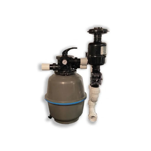 Compact GCTek PondKeeper Filter 1.25 with grey shell, blue trim band, top-mounted multiport valve and gauge, plus side backwash column