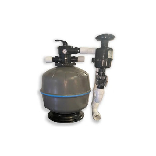 Largest GCTek PondKeeper Backwash Filter 4.0 with wide grey tank on pedestal, top valve and gauge, and side jetting tube for 10,000 gallon ponds