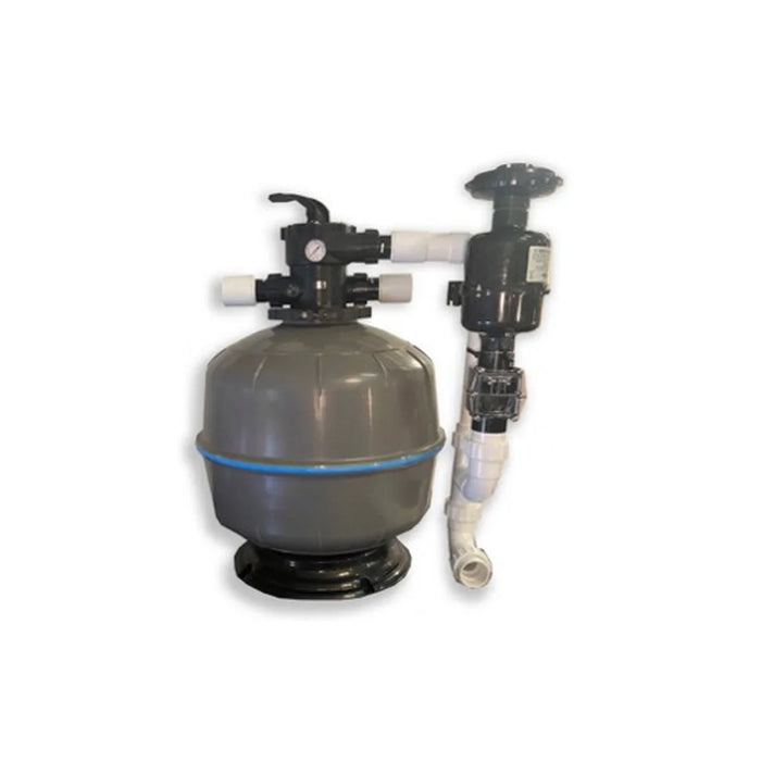 Largest GCTek PondKeeper Backwash Filter 4.0 with wide grey tank on pedestal, top valve and gauge, and side jetting tube for 10,000 gallon ponds