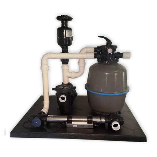 GCTek PondKeeper System 2500 model showing the 1.75 filter tank, pump, media agitator and preplumbed union connections