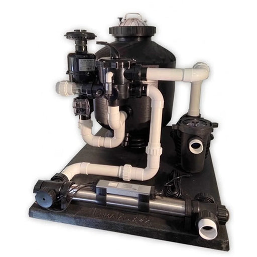 Angled view of the 10K GCTek WattMizer KoiKeeper Pond Filtration System with tall filter tank, stainless UV clarifier and low RPM pump on a black pad
