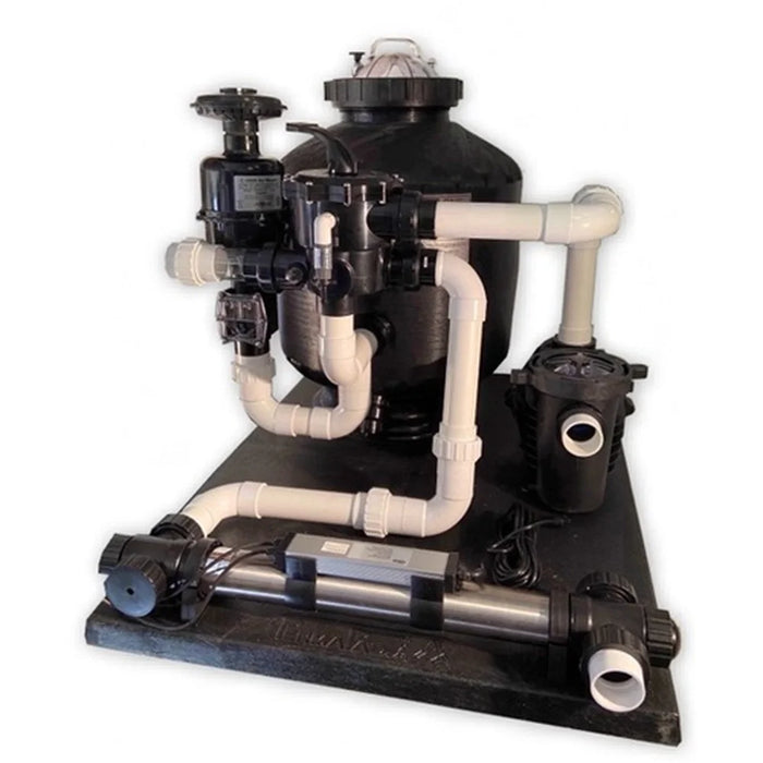 Angled view of the 10K GCTek WattMizer KoiKeeper Pond Filtration System with tall filter tank, stainless UV clarifier and low RPM pump on a black pad