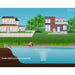 Illustration of Kasco Home Series Diffused Pond Aerator with shore cabinet and bottom diffuser releasing bubbles in a backyard pond