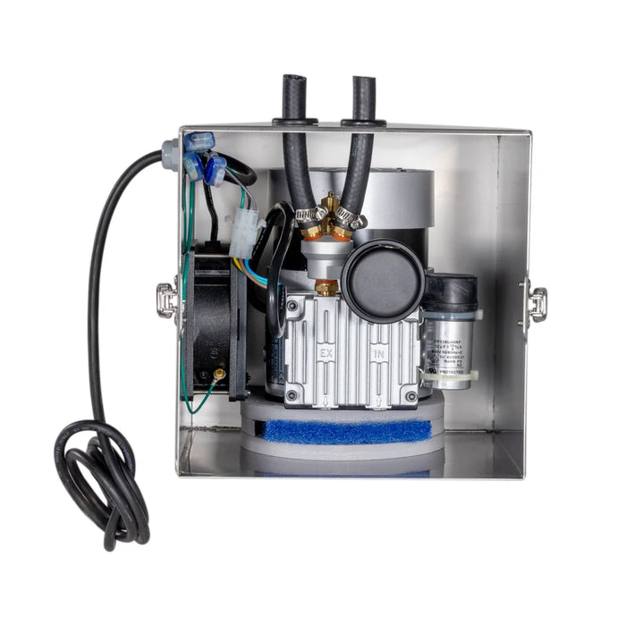 Interior of Kasco Home Series Bottom Diffused Aerator cabinet showing 1/4HP compressor, capacitor, and cooling fan