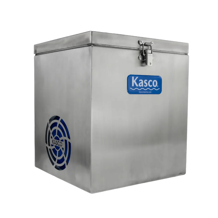 Kasco Home Series Diffused Aerator stainless steel compressor cabinet with latched lid and intake vent on white background