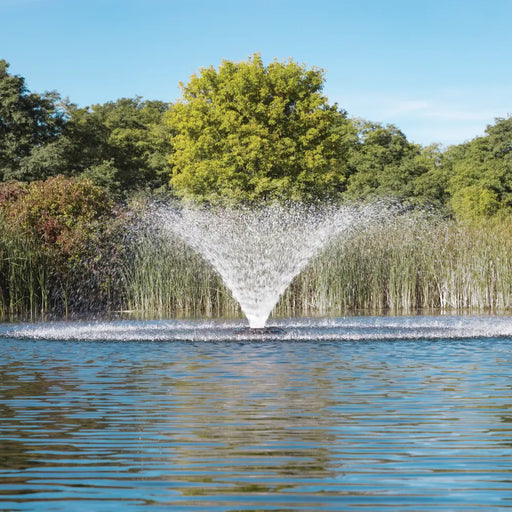 kasco_vfx_series_floating_pond_fountain_wide_spray_cattails_blue_sky_daytime
