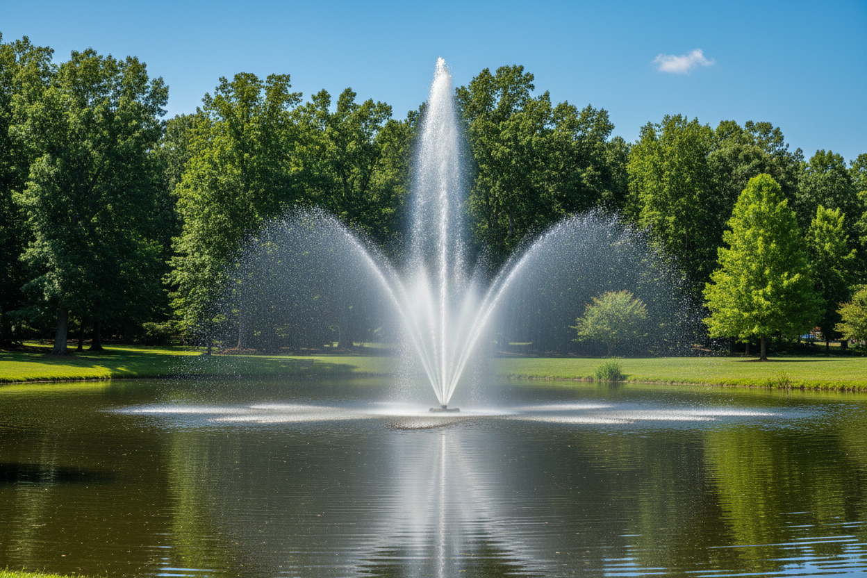 large_commercial_pond_fountain_on_water_with_trees_in_background