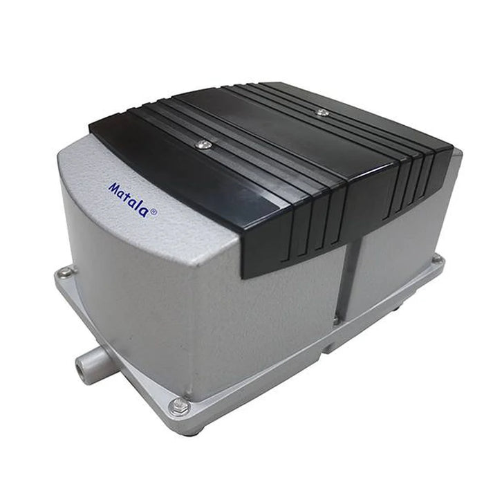 Angled view of the Matala Hakko HK150L Linear Air Pump with ribbed black cover and cast aluminum housing