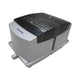 Silver cast aluminum body of the Matala Hakko HK200L Air Pump with black ribbed top, blue logo and side outlet.