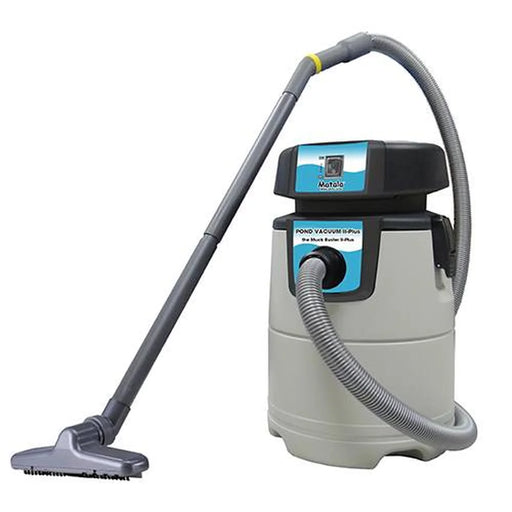 Angled front view of the Matala Pond Vacuum II Plus Pump with grey tank, black motor head, ribbed suction hose and floor cleaning head