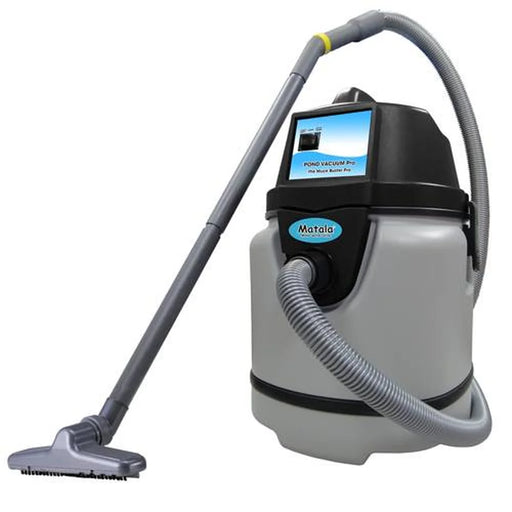 Matala Pond Vacuum PRO Pond Vacuums grey canister with blue control panel, coiled suction hose and floor cleaning head