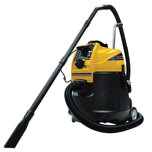 Matala Power-Cyclone unit with yellow motor head, black holding tank, rear wheels, coiled suction hose and long extension pipe