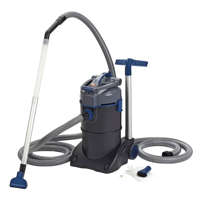 The oase PondoVac 4 pond vacuum shown with its canister, transparent and aluminium pipes, hoses and nozzle accessories