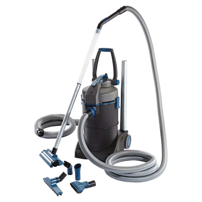 Studio shot of the OASE PondoVac 4 pond cleaner with arched hose, transparent pipe and full set of blue nozzle attachments