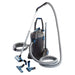 Studio shot of the OASE PondoVac 4 pond cleaner with arched hose, transparent pipe and full set of blue nozzle attachments