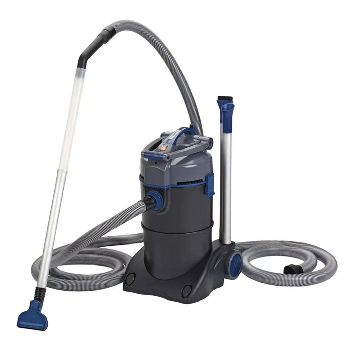 Complete OASE PondoVac 4 pond cleaner on white background with canister, coiled hose, transparent pipe and nozzle attachments