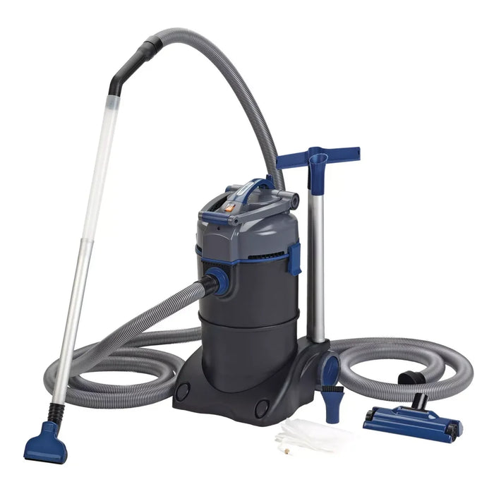 Angled studio view of the OASE PondoVac 4 pond and pool vacuum with canister, hoses, pipes, debris bag and all nozzles