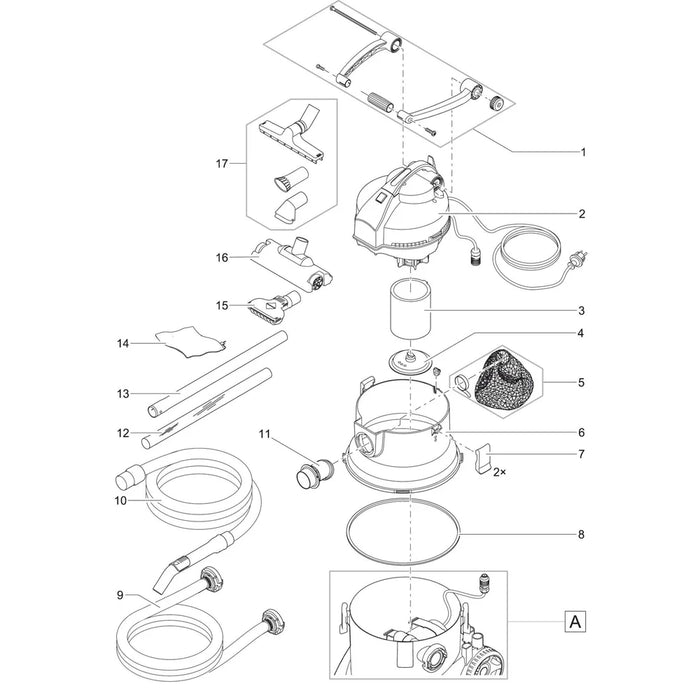 Exploded diagram of the Oase PondoVac 5 Sludge Vacuum with numbered spare parts including handle, motor head, filters, nozzles and hoses