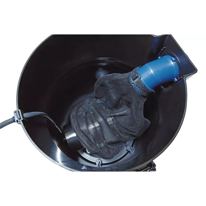 Mesh pre-filter debris bag on the blue intake inside the Oase PondoVac 5 Vacuum Cleaner tank for trapping larger particles