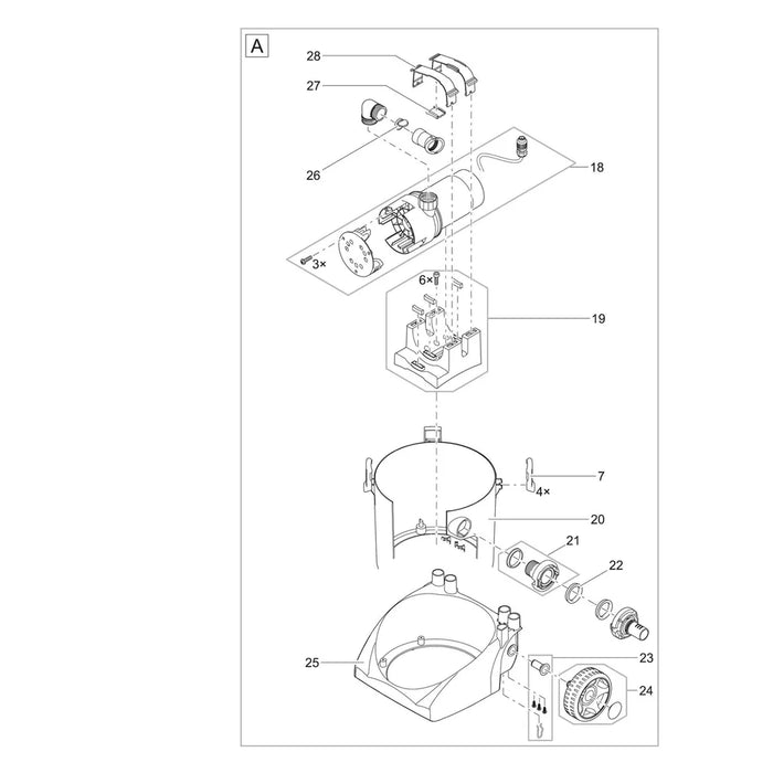 Exploded internal diagram of the Oase PondoVac 5 showing pump assembly, tank base, C-coupler, wheels and check valve numbered parts