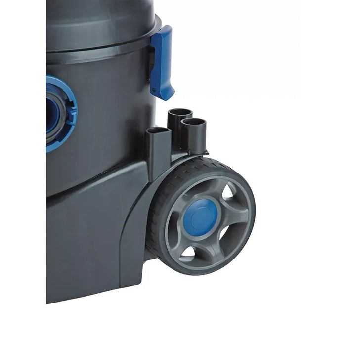 Close-up of the large rubber-coated Big Wheel and tube holders on the Oase PondoVac 5 Pond Vacuum chassis