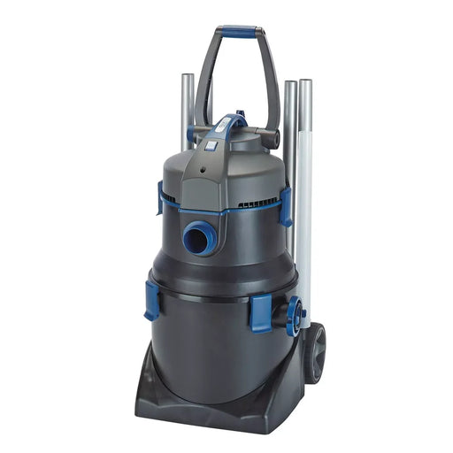 Studio photo of the Oase PondoVac 5 Vacuum Cleaner assembled on wheels, carry handle raised, against white.