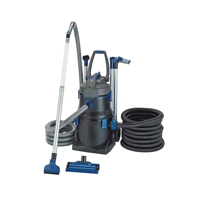Oase PondoVac 5 Vacuum Cleaner shown with full kit of coiled hoses, telescopic poles and assorted nozzles on white