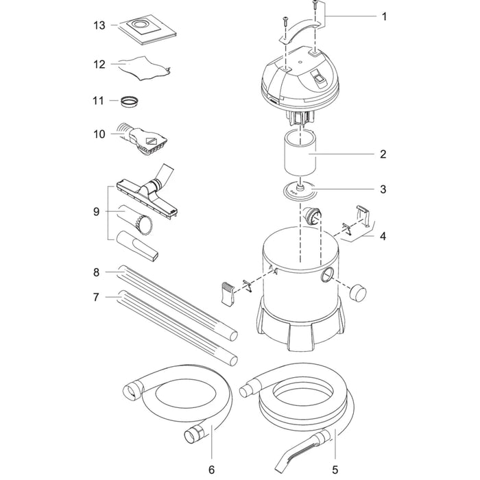 Numbered exploded diagram of the Oase PondoVac Classic pond vacuum identifying motor unit, tank, hoses, nozzles and spare parts