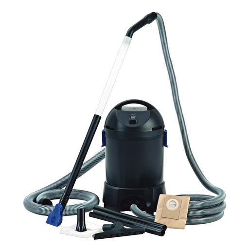 Oase PondoVac Classic pond vacuum shown complete with transparent wand, coiled hoses, nozzles and filter bag on white