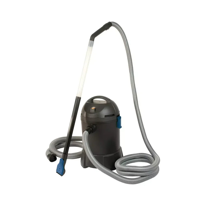 Assembled Oase PondoVac Classic pond vacuum cleaner with transparent wand and coiled hose at a slight side angle on white