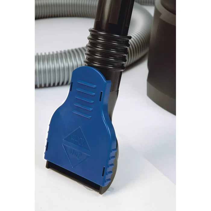 Studio close-up of the Oase PondoVac Classic pond vac blue universal nozzle on its wand with hose and tank behind