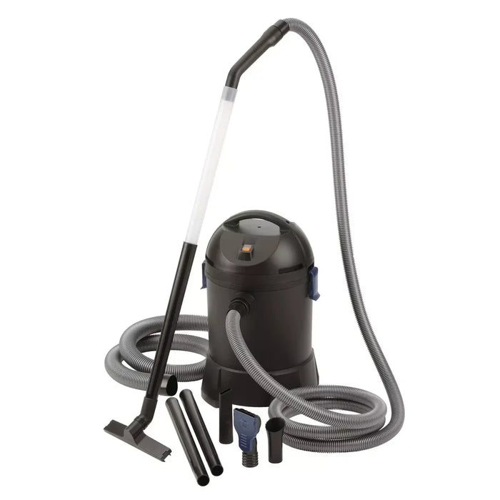 Oase PondoVac Classic sludge vacuum tank with the suction hose connected, transparent wand raised and nozzles at its base