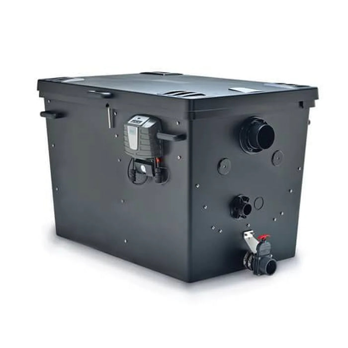 Closed black housing of the Oase ProfiClear Premium Compact L Rotating Screen Filter with control unit, outlets and red drain valve