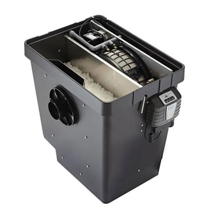 Lid removed on the Oase ProfiClear Premium Compact L Gravity housing revealing the drum, spray bar and white floating bio-media