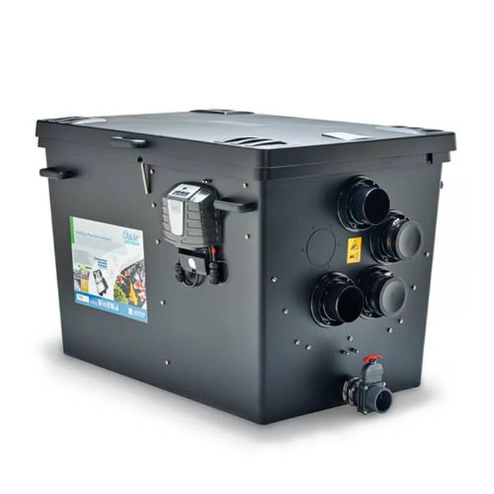 Closed black housing of the Oase ProfiClear Premium Compact-L Gravity Fed EGC Filter with controller, DN 110 ports and drain valve