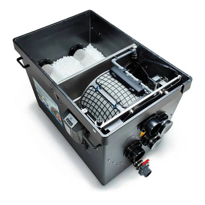 Lid removed on the Oase ProfiClear Premium Compact-L Gravity Fed Drum Filter showing the sieve drum, spray bar and white Hel-X media