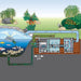 Cutaway pond diagram tracing water flow through the Oase ProfiClear Premium Compact-L Gravity Fed Drum Filter and module chambers