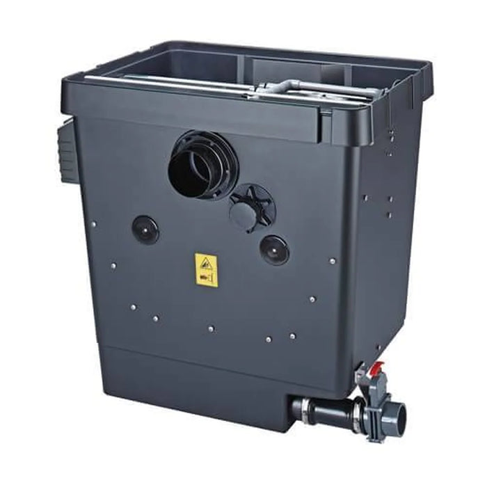 Angled front view of the Oase ProfiClear Premium Compact M Gravity EGC housing with inlet ports and red sludge drain valve