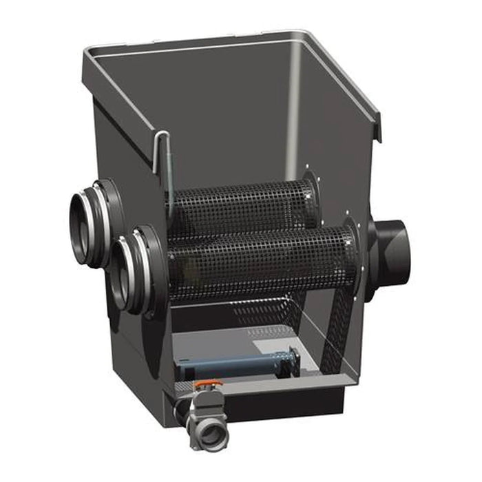 Cutaway render showing inlets outlets and sludge drain of the Oase ProfiClear Premium Moving Bed Module Biological Filter