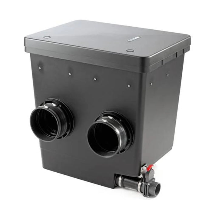 Angled front view of the Oase ProfiClear Premium Moving Bed Module Pond Filter with inlet ports and discharge valve