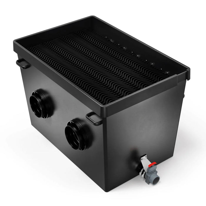 Angled front view of the ProfiClear Premium XL Discharge Module - Pump Fed Bio Filter with inlets, media tray and sludge drain valve