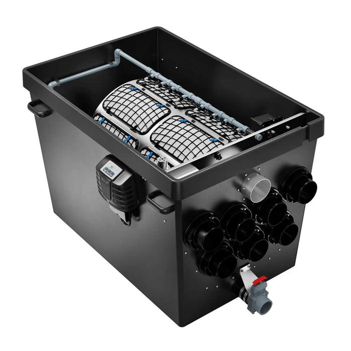 Angled view of the Oase ProfiClear Premium XL Gravity Drum Filter module with open drum and inlet ports