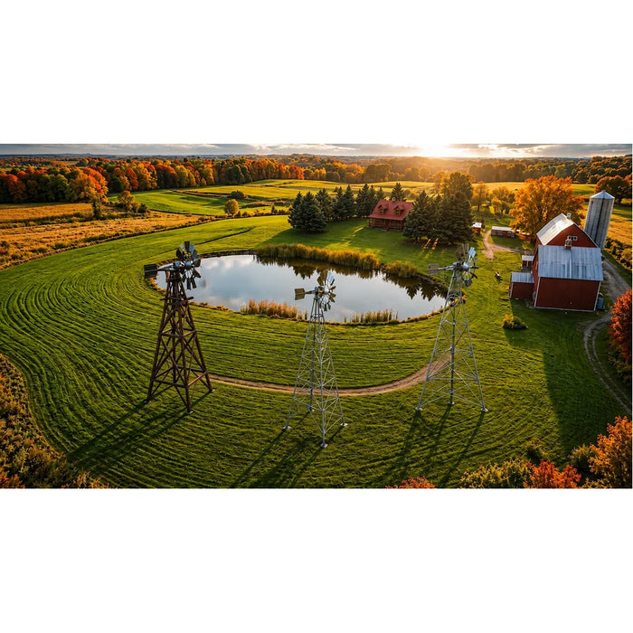 Aerial farm pond view with the Outdoor Water Solutions 3 Leg Windmill Water Aerator and other tower styles in autumn