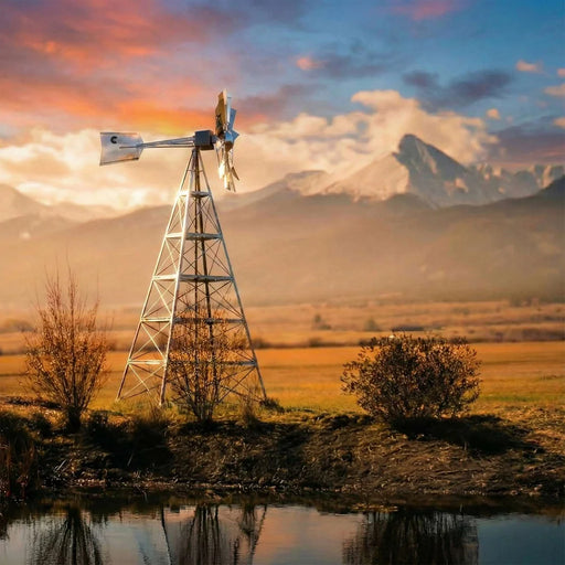 Outdoor Water Solutions Steel Tower Windmill Pond Aerator by a pond at sunset with snow-capped mountains behind