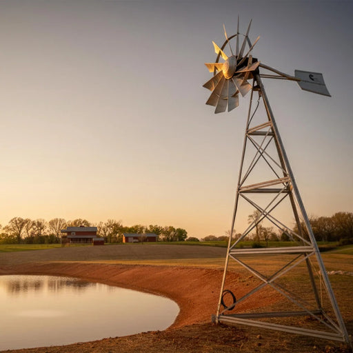 Outdoor Water Solutions 4 Leg Windmill Pond Aerator standing next to a farm pond at sunset with a red barn behind