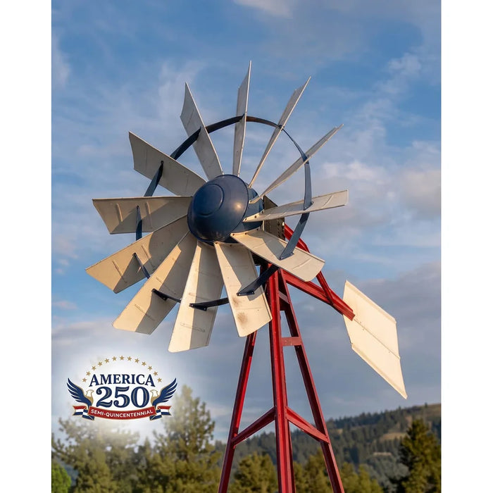 Red white and blue America 250 anniversary head on the Outdoor Water Solutions 4 Leg Steel Windmill Pond Aerator