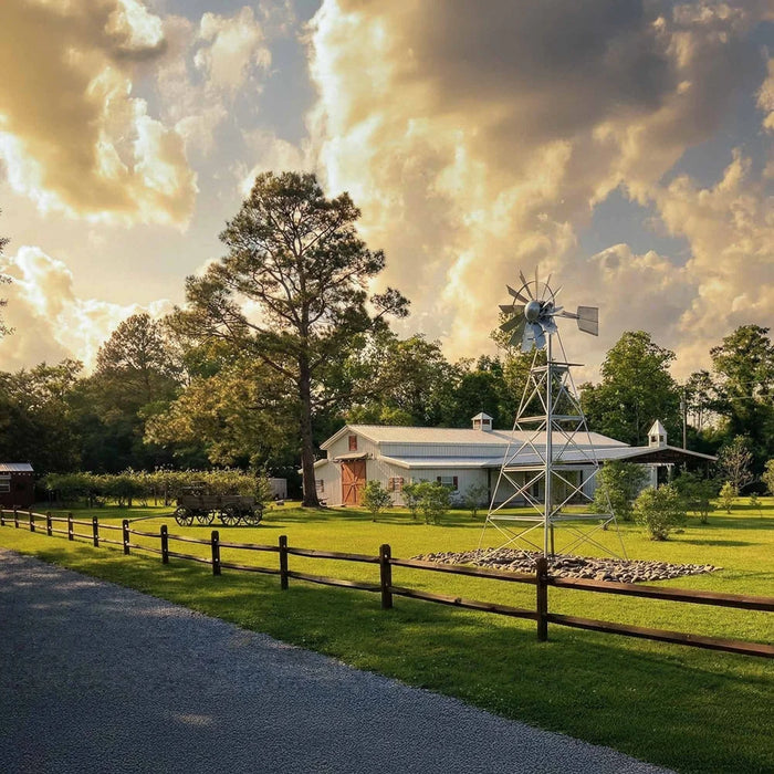 Outdoor Water Solutions Steel Tower Windmill Pond Aerator on a landscaped property with white barn and wood fence
