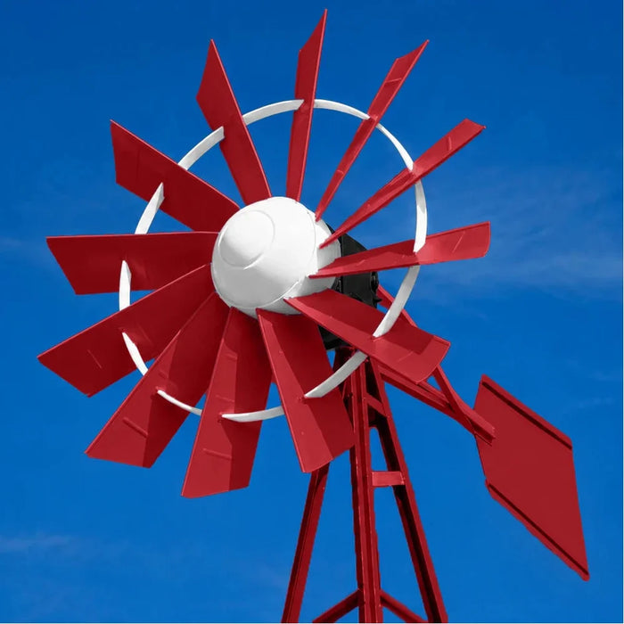 Red and white powder coated fan head option for the Outdoor Water Solutions Steel Tower Windmill Pond Aerator