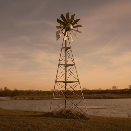 Full front view of the Outdoor Water Solutions 3-Leg Metal Windmill Pond Aerator beside a pond at dusk